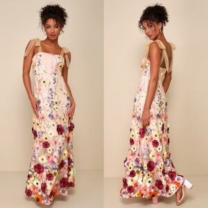 Lulus Thriving Poise Blush 3D Floral Embroidered Tie-Strap Maxi Dress Size XL